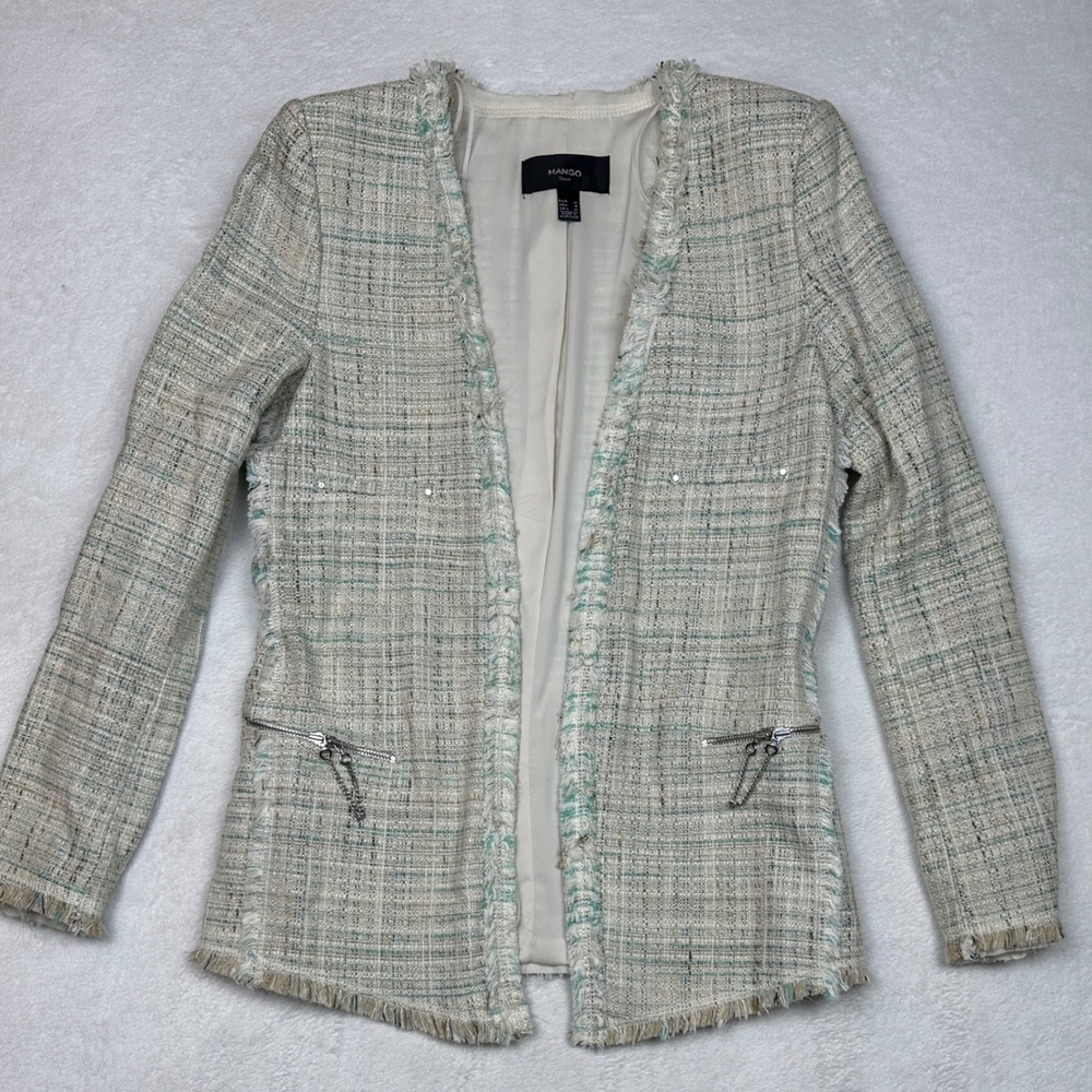 Mango Suit Women Cream Mint Green Tweed Frayed Trim Open Front‎ Blazer Jacket S